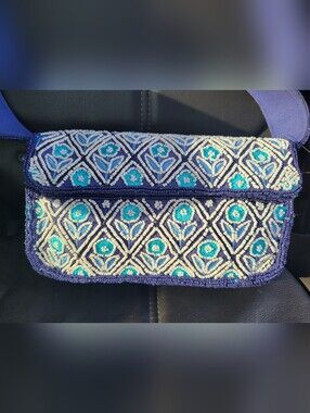 NWT America & Beyond Blue Flowers Beaded Purse Bag Shoulder bag